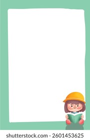 Stationery template illustration featuring a cute little girl reading a book, with green pastel-colored borders ideal for kids' writing papers or educational notes.