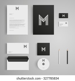 Stationery Template With Letter M Logo. Corporate, Identity, Company, Branding, Cd, Business Card, Envelope, Leaflet, Letterhead, Folder. Clean And Modern Style