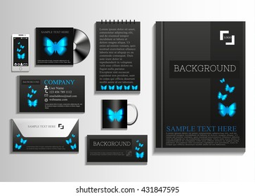 Stationery template mockup. Documentation for business.Blue light batterfly.
