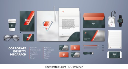 Stationery template mockup set. Corporate branding modern design for premium business. Red logo stripes on marble stone background. Universal ultimate megapack ready for use. Realistic presentation.