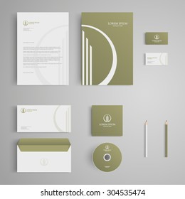 Stationery template with real estate logo, apartment, house, rental, condo. Corporate, identity, company, branding, cd, business card, envelope, leaflet, letterhead, folder. Clean and modern style