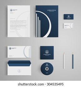 Stationery template with real estate logo, apartment, house, rental, condo. Corporate, identity, company, branding, cd, business card, envelope, leaflet, letterhead, folder. Clean and modern style