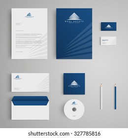 Stationery template with real estate logo, apartment, house, rental, condo. Corporate, identity, company, branding, cd, business card, envelope, leaflet, letterhead, folder. Clean and modern style