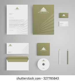 Stationery Template With Real Estate Logo, Apartment, House, Rental, Condo. Corporate, Identity, Company, Branding, Cd, Business Card, Envelope, Leaflet, Letterhead, Folder. Clean And Modern Style