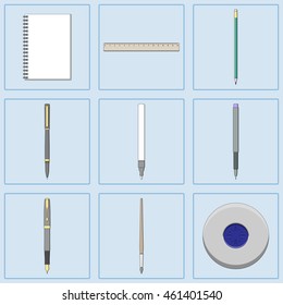 stationery theme icons set in flat design with shadow. Set of school and education vector icons: stationery, learning symbols and various school supplies.