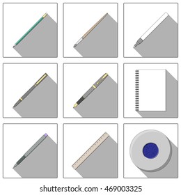 stationery theme icons set in flat design with long soft shadow. Set of school and education vector icons: stationery, learning symbols and various school supplies.