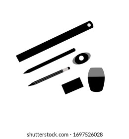 Stationery tool on white background. Pen, pencil, eraser, rubber, ruler, sharpener. Silhouette vector design. Illustration vector style.