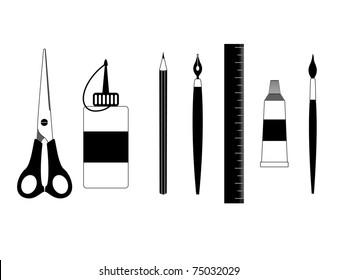 Stationery tool set, black and white realistic clipart
