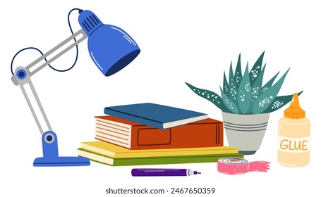 Stationery tools, accessories at workplace. School table supplies composition. Desk lamp, books, pens, potted plant, glue. Flat vector illustration isolated on white background