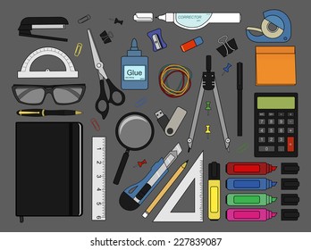 Stationery tools: marker, paper clip, pen, binder, clip, ruler, glue, zoom, scissors, stapler, corrector, glasses, pencil, calculator, eraser, knife, compasses, protractor, sticky notes, notebook, usb