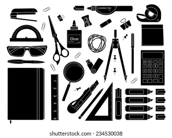 Stationery tools: marker, paper clip, pen, binder, clip, ruler, glue, zoom, scissors, stapler, corrector, glasses, pencil, calculator, eraser, knife, compasses, protractor, black and white colors