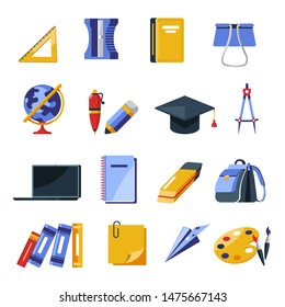 Stationery tools, school supplies, backpack and laptop, isolated icons. Ruler and pencil sharpener, copybook and clipper, globe model and pen. Academic cap and divider, eraser and books, stickers