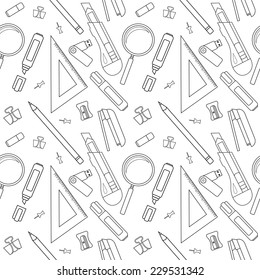 Stationery tools seamless vector line art pattern: eraser, clip, binder, pencil, knife, magnifying glass, green marker, usb flash drive, yellow marker, sharpener, stapler, triangular ruler, paper clip