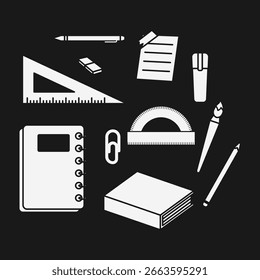 Papelería Herramientas Silueta Vector Set. Iconos de lápiz, pluma, borrador, Regla y útiles escolares