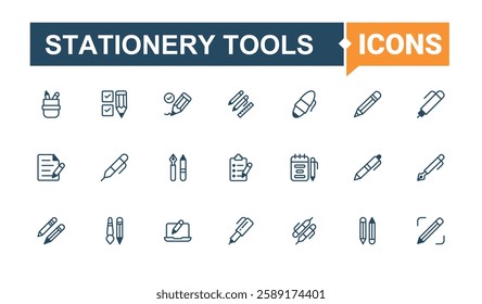 Stationery Tools simple icon. Includes thin line drawing, simple, book, list, marker, web, crayon, stationery. Minimal linear icons. Solid line editable vector illustration.