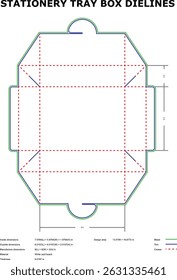 Stationery tray box die line template design with dimensions for packaging purposes