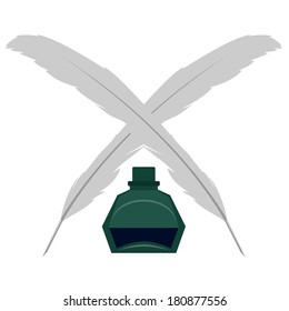 Stationery, two feathers and inkwell. Illustration on white background.