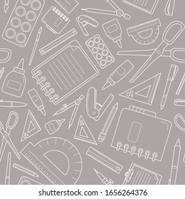 Stationery - Vector background (seamless pattern) of pencil, pen, ruler, scissors, eraser, marker, paintbrush, glue for graphic design