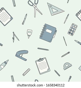 Stationery - Vector color background (seamless pattern) of pencil, pen, ruler, scissors, eraser, marker, paintbrush, glue for graphic design
