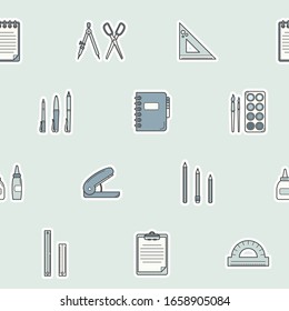 Diseño de fondo - Fondo de color vectorial (patrón transparente) de lápiz, pluma, regla, tijeras, borrador, marcador, pincel, pegamento para diseño gráfico