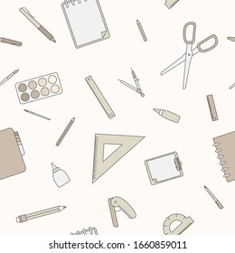 Stationery - Vector color background (seamless pattern) of pencil, pen, ruler, scissors, eraser, marker, paintbrush, glue for graphic design