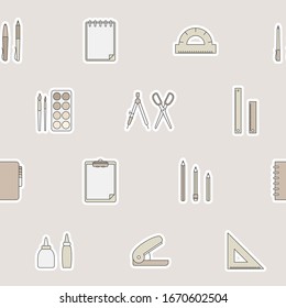 Stationery - Vector color background (seamless pattern) of pencil, pen, ruler, scissors, eraser, marker, paintbrush, glue for graphic design