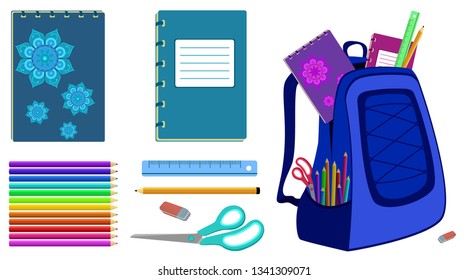 Stationery vector illustration. Notebooks, rainbow colors pencils, scissors, ruler and eraser isolated on white. Blue school bag packed with notebooks, pencils, scissors, ruler and eraser.