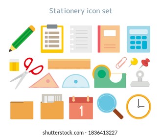 Stationery vector illustration set. Pencil. clock. Note