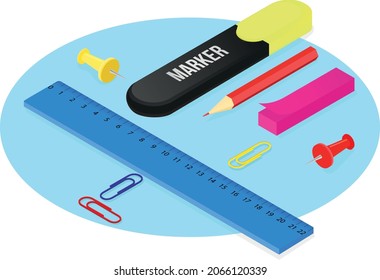 Estacionamiento. Juego de papelería isométrica vectorial. Marcador, lápiz, clip, pegatinas. regla. De vuelta a la escuela.