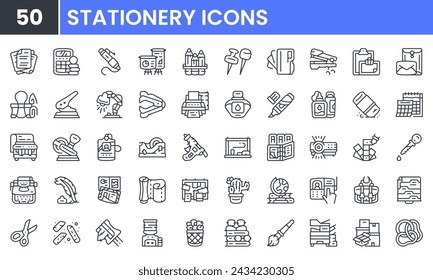 Stationery vector line icon set. Contain linear outline icons like School, Office, Book, Stapler, Paint, Pen, Paper, Lamp, Rubber, Stamp, Eraser, Folder, Glue, Scissor. Editable use and stroke.