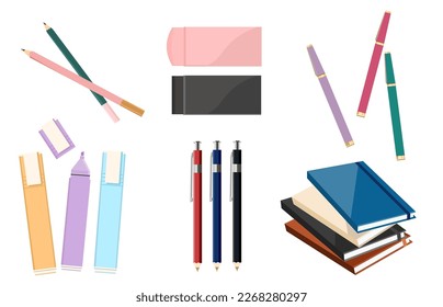 Stationery Vector ; pencils, eraser, pen, highlight, notebook.