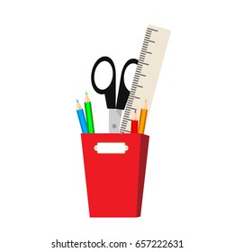 Stationery. VECTOR. Ruler, scissors and pencils in the plastic cup with nameplate