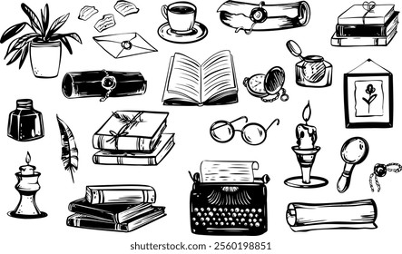 Stationery vector set. Drawing of quill and typewriter. Sketch of scroll, candle, and glasses. Literary tools and drafting supplies in vintage hand-drawn style on white isolated background.