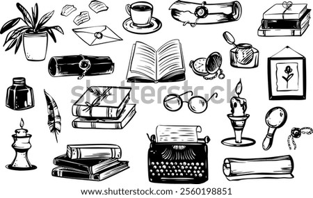 Stationery vector set. Drawing of quill and typewriter. Sketch of scroll, candle, and glasses. Literary tools and drafting supplies in vintage hand-drawn style on white isolated background.