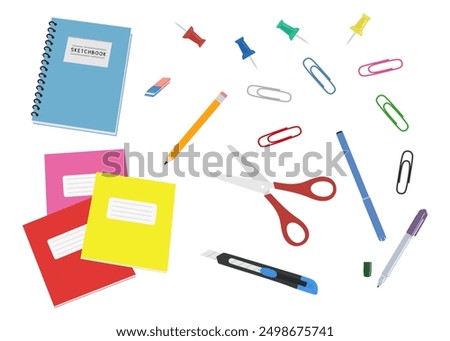 Stationery vector set. Sketchbook for sketching, pens, artistic tools, school notebook and scissors, Stationery knife with sharp adjustable retractable blade, paper clips, push pins or buttons. Vector