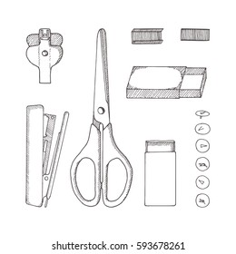 Stationery. Vector sketch hand-drawn illustration. Doodle style. Scissors, button, pins, staples, carton, staple remover, stapler.