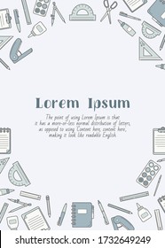 Stationery - vertical card with text and vector color illustrations of pencil, pen, ruler, scissors, eraser, marker, paintbrush, glue for graphic design