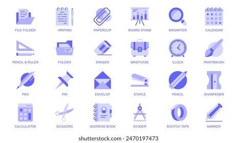 Stationery web icons set in duotone flat design. Pack pictograms with file folder, writing, paperclip, board stand, magnifier, calendar, pencil, ruler, eraser, briefcase, clock. Vector illustration.