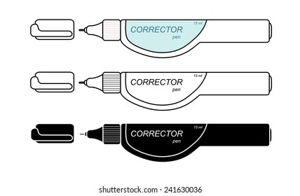 Stationery white corrector pen set. Color, contour, black and white. Clip art vector illustration isolated on white 