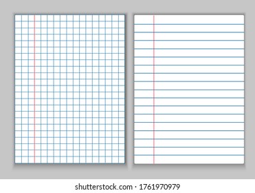 Papelería, hojas blancas de papel para un cuaderno. Hojas en una jaula y en una línea con campos y una línea roja, sobre un fondo gris. Nota para notas, abstracta. Imagen del vector