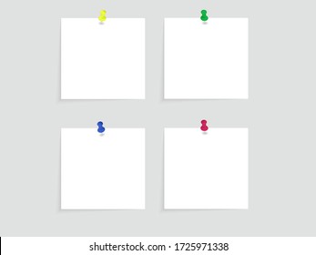 
Stationery, white sheets of paper on a white background with curved edges and a shadow on the edges pinned with multi-colored stationery buttons. Small pieces of paper for notes or notes. Vector.