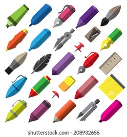  Stationery writing drawing and painting tools icons set vector illustration