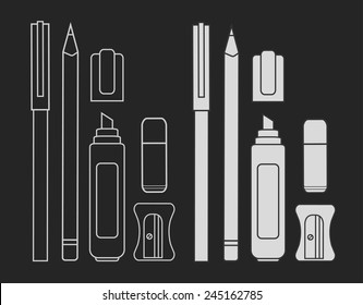 Stationery writing tools set. Pen, pencil, marker, eraser, sharpener. Vector chalk clip art illustration isolated on blackboard