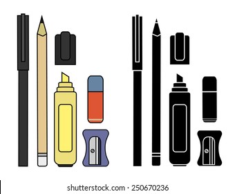 Stationery writing tools set. Pen, pencil, yellow marker, eraser, sharpener. Vector color and silhouette clip art illustration isolated on white 