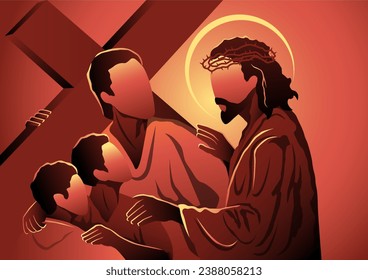 Stations of the Cross, fifth station, Simon of Cyrene helps Jesus Christ carry his cross. Biblical Series