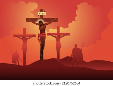 Stations of the Cross, twelfth station, Jesus Dies On The Cross. Vector Illustration. Biblical Series