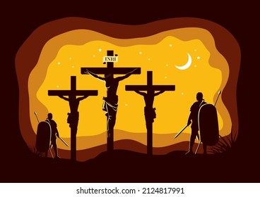 Stations of the Cross, twelfth station, Jesus Dies On The Cross. Vector Illustration.