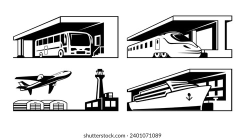 Stations public transport bus train airplane and ship monochrome line set isometric vector illustration. Stop passenger waiting transit transportation airport intercity subway marine nautical travel