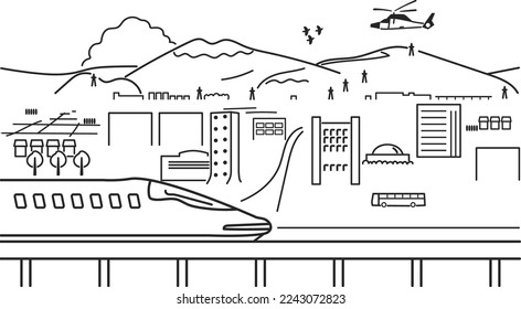 Stations where long-distance trains stop in local cities Monochrome illustration material
