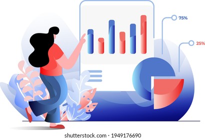Statistic Analysis flat illustration of a woman's concept showing the results of the data in front of a table chart, perfect for landing pages, templates, UI, web, mobile app, posters, banners, flye